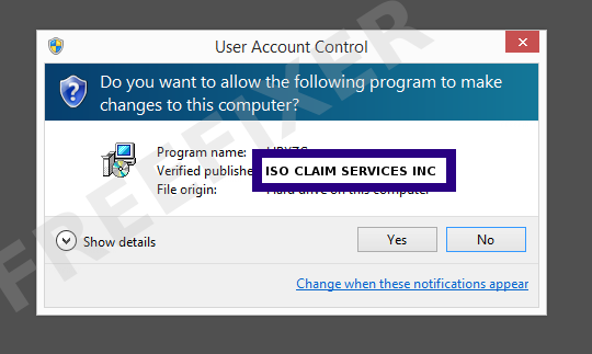 Screenshot where ISO CLAIM SERVICES INC appears as the verified publisher in the UAC dialog